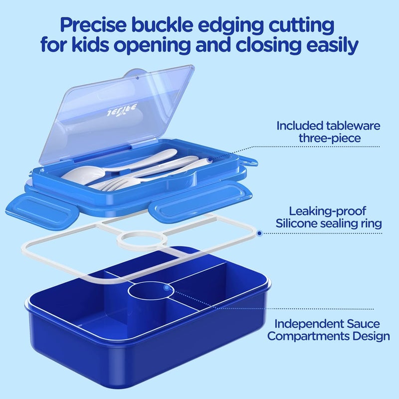 Jelife Bento Lunch Box for Kids - Leakproof Large Bento-Style with 4 Compartments Portions Lunchbox with Tableware Back to School, Reusable On-the-Go Meal and Snack Packing, Blue - Image 3